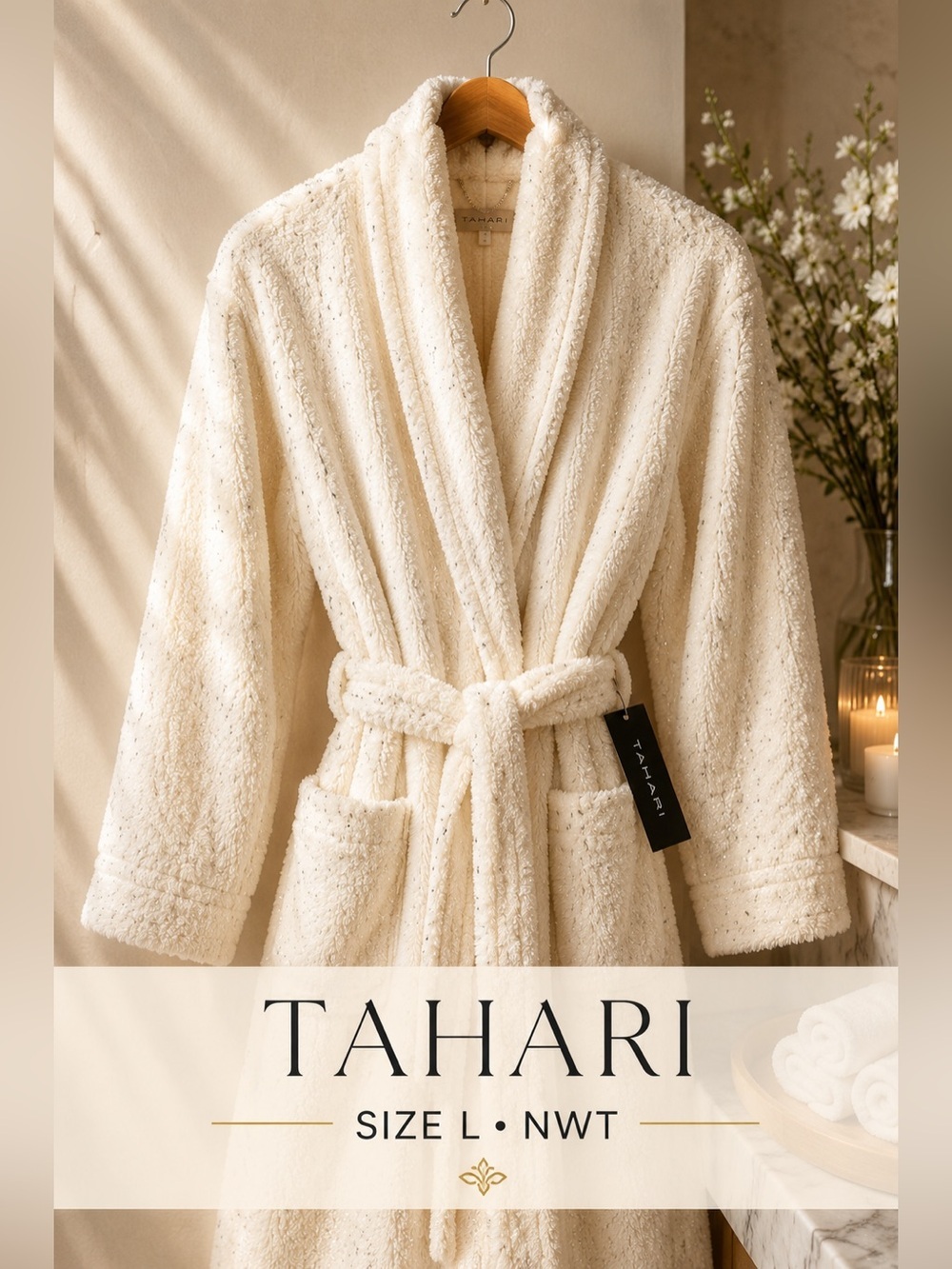 Tahari Ivory Shimmer Plush Spa Robe Size L NWT